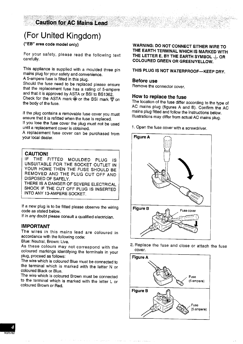 Cautfon for, Important, Before use | How to replace the fuse, For united kingdom) | Panasonic SC-HT70 User Manual | Page 4 / 52