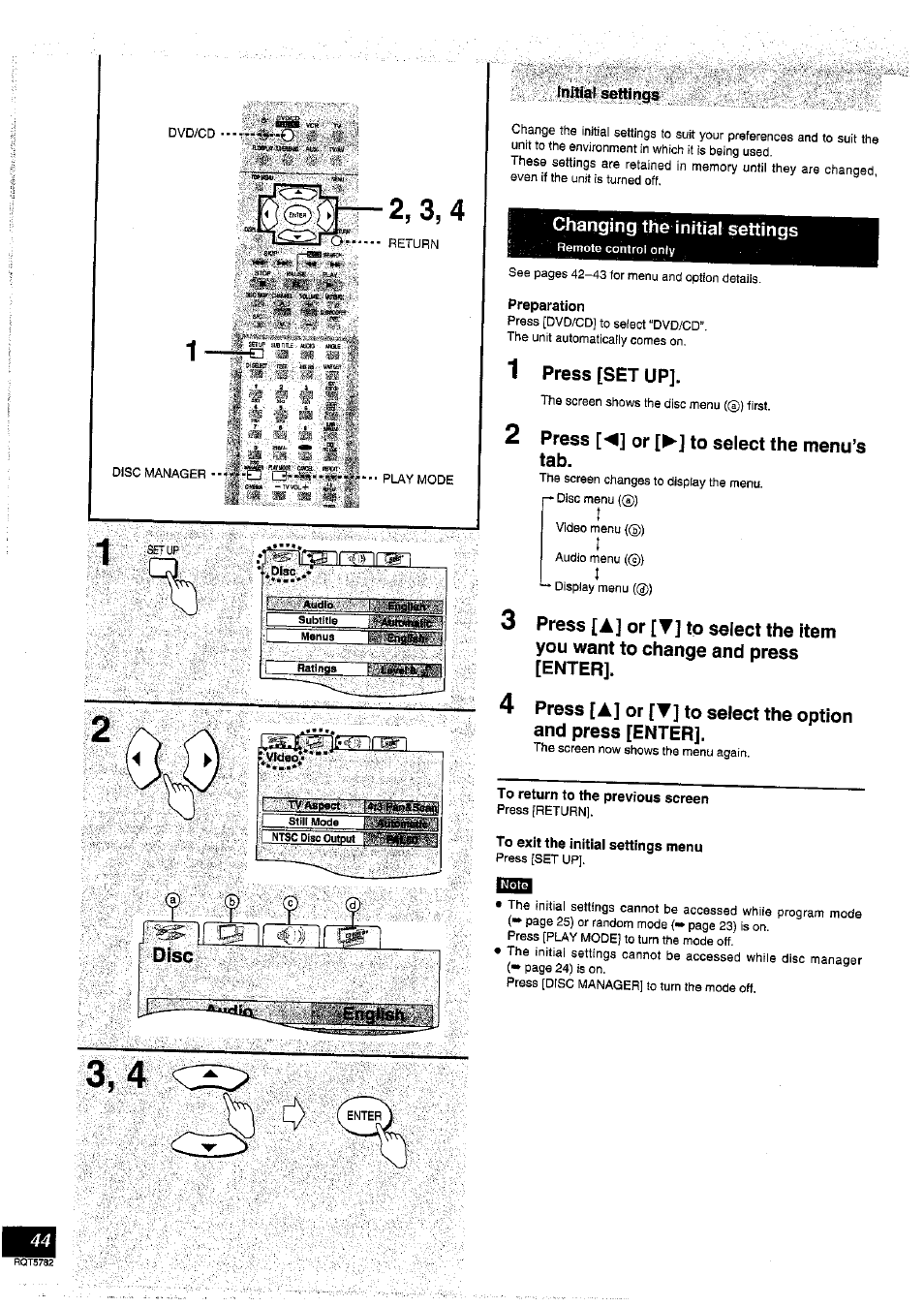 1' i 'w 4 ■ i, Disc, Changing the initiai sett)ngs | Preparation, 1 press [set up, 2 press [◄] or [►] to select the menu’s tab, To return to the previous screen, To exit the initial settings menu, M m m, Nf%n rjn nr | Panasonic SC-HT70 User Manual | Page 44 / 52