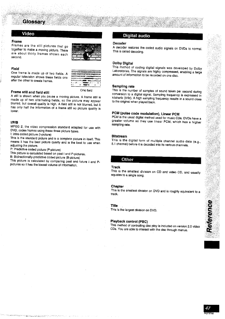 Field, Frame still and field still, I/p/b | Digital audio, Decoder, Dolby digital, Sampling rate, Pcm (pulse code modulation), linear pcm, Bitstream, Other | Panasonic SC-HT70 User Manual | Page 47 / 52