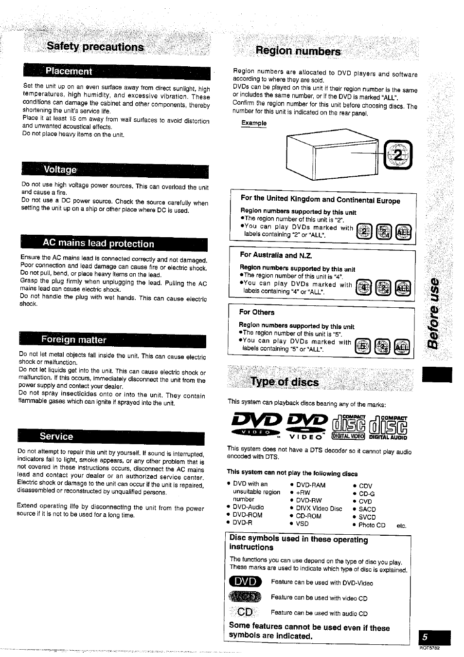 Safety precautions, Region numbers, Placement | Ac mains lead protection, Foreign matter, Service, For australia and n.z, For others, Mifflaldg, Mtoltagc | Panasonic SC-HT70 User Manual | Page 5 / 52