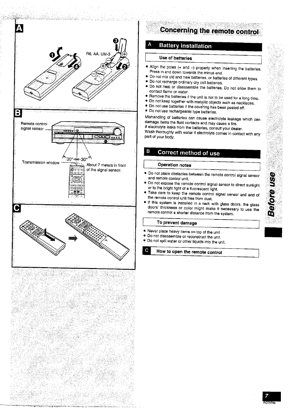 Oneertiim; the remote controt, Battery instal lation, B correct method of use | How to open the remote control | Panasonic SC-HT70 User Manual | Page 7 / 52