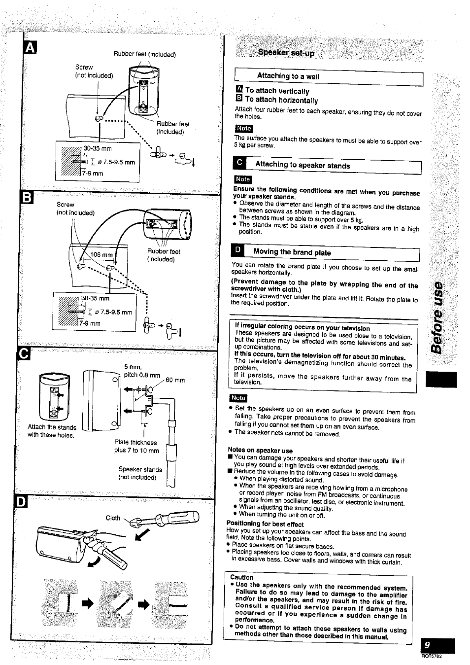 Attaching to a wall, Attaching to speaker stands, Moving the brand plate | Panasonic SC-HT70 User Manual | Page 9 / 52
