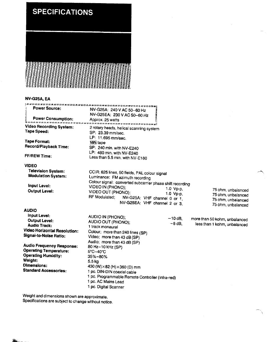 Specifications | Panasonic NV-G25 Series User Manual | Page 30 / 32