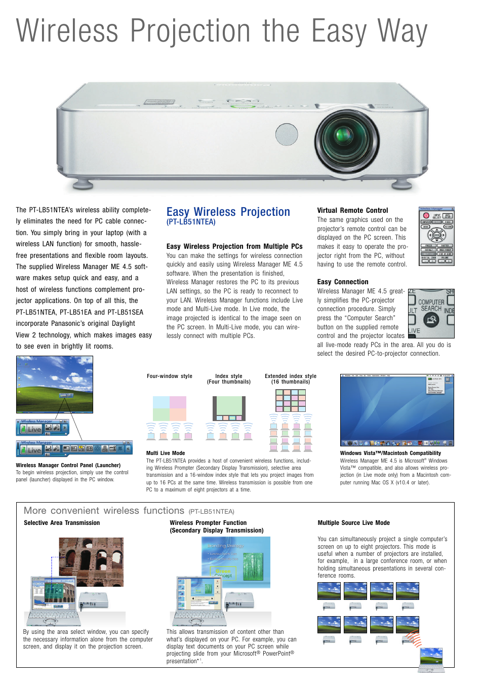 Wireless projection the easy way, Easy wireless projection, More convenient wireless functions | Panasonic PT-LB51NTEA User Manual | Page 2 / 4