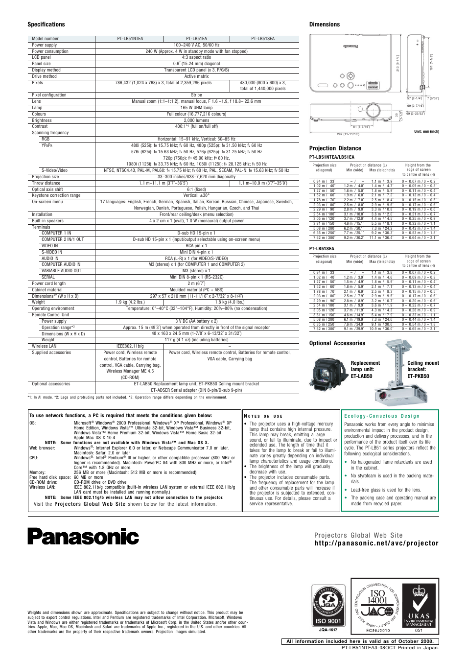 Specifications projection distance, Optional accessories, Dimensions | Panasonic PT-LB51NTEA User Manual | Page 4 / 4