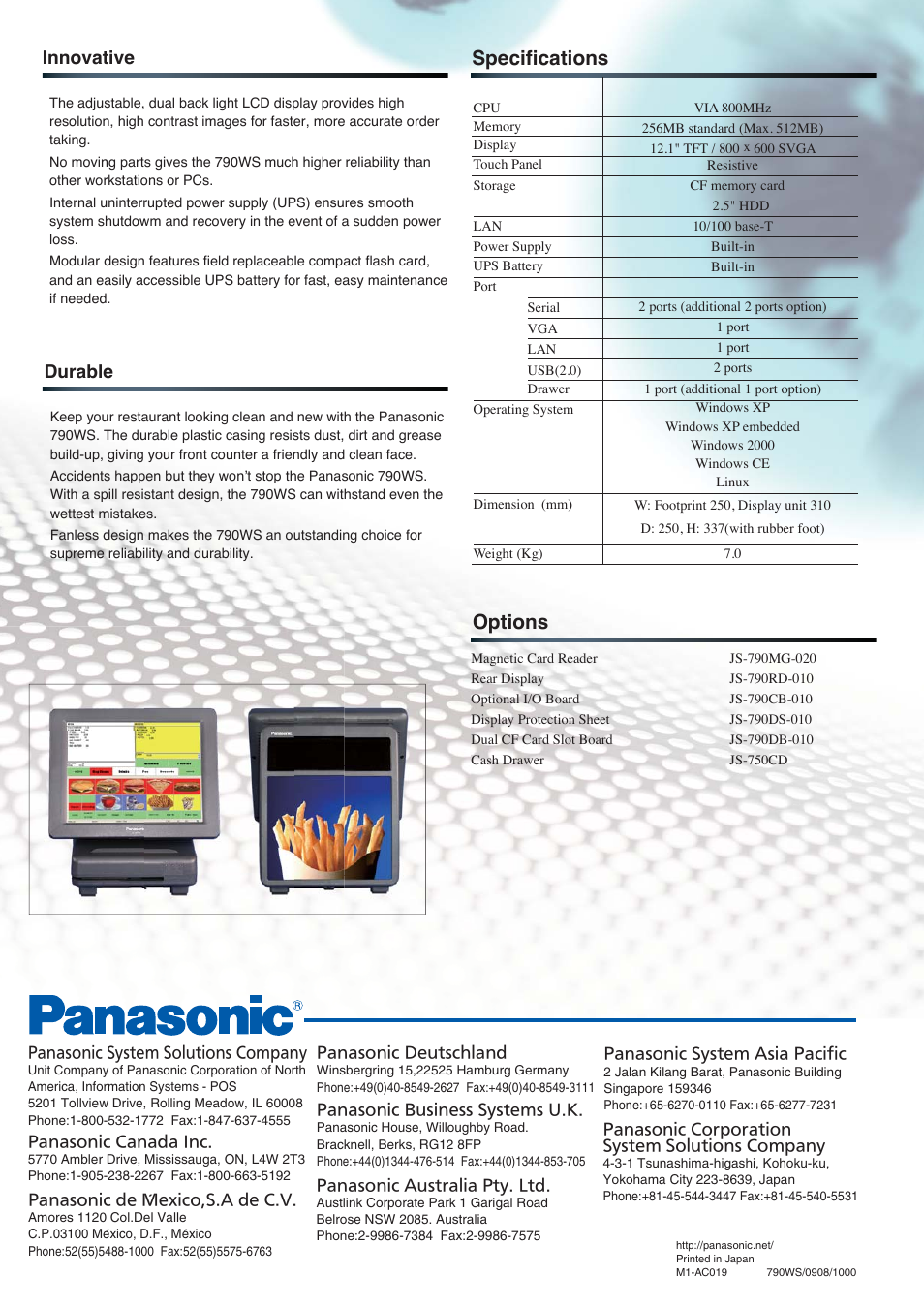 Specifications options, Durable, Innovative | Panasonic POS Workstation JS-790WS User Manual | Page 2 / 2