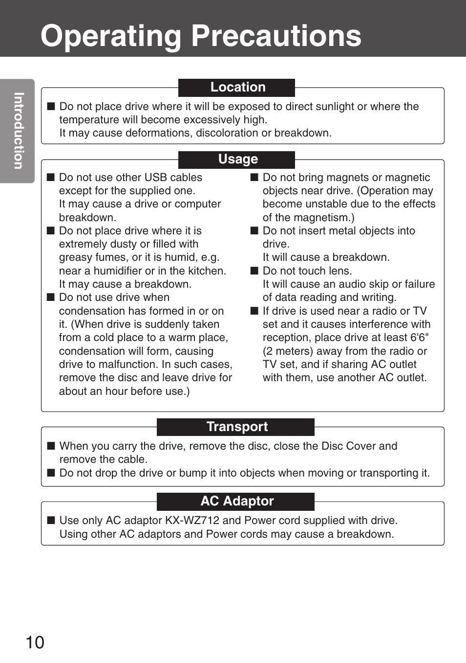 Operating precautions | Panasonic KXL-CB30AU User Manual | Page 10 / 75