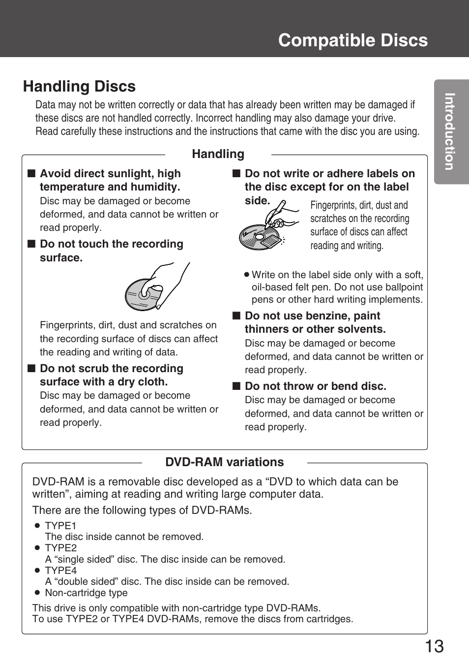 Handling discs, 13 compatible discs, Intr oduction | Panasonic KXL-CB30AU User Manual | Page 13 / 75