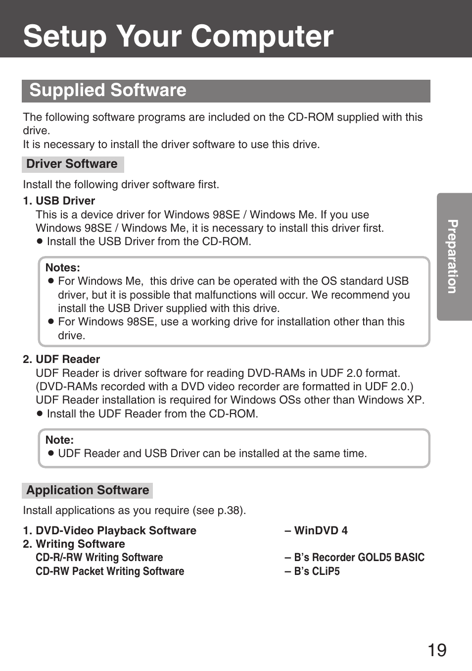 Supplied software, Setup your computer | Panasonic KXL-CB30AU User Manual | Page 19 / 75