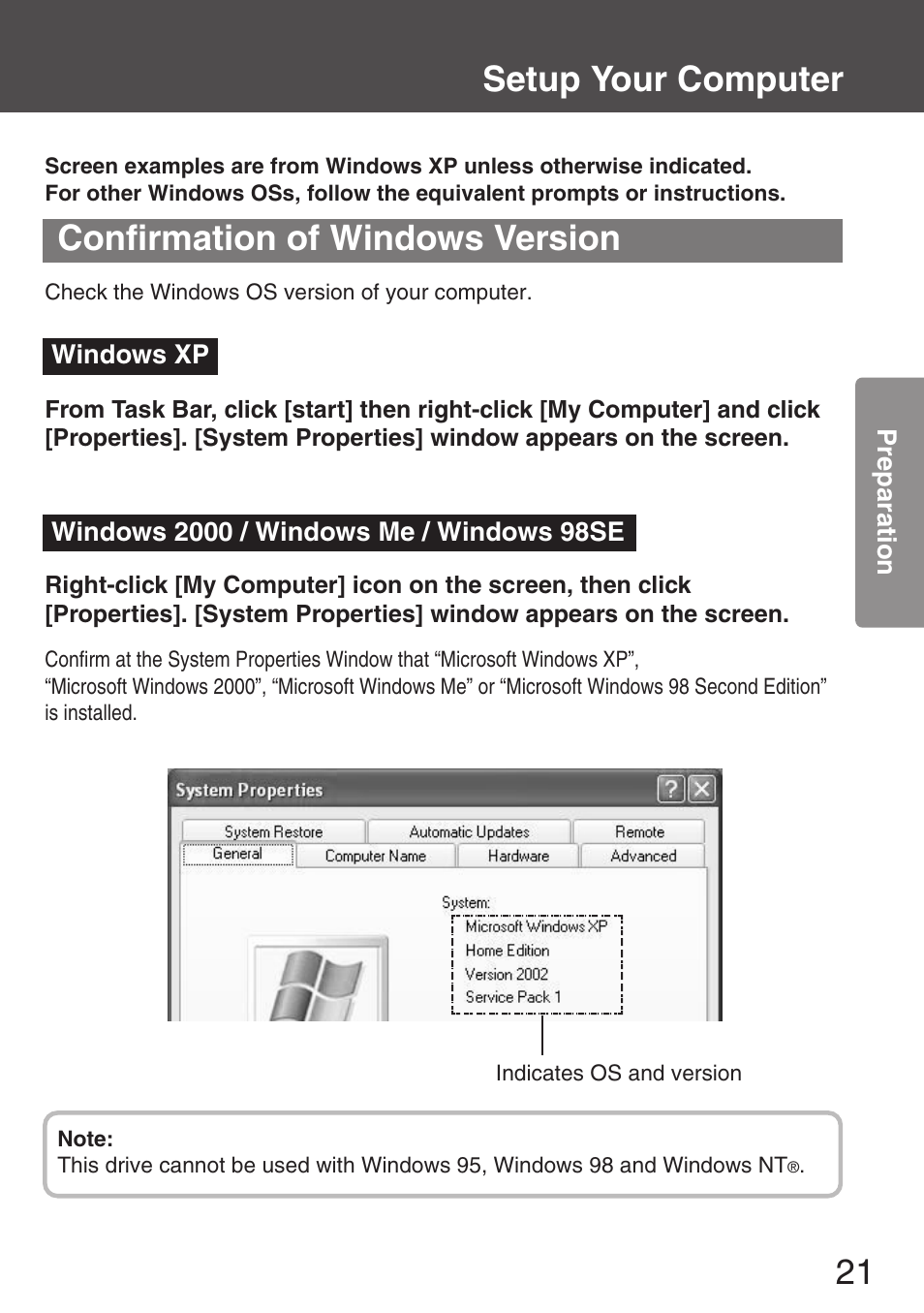 Confirmation of windows version, Setup your computer, Preparation | Windows xp, Check the windows os version of your computer, Indicates os and version | Panasonic KXL-CB30AU User Manual | Page 21 / 75