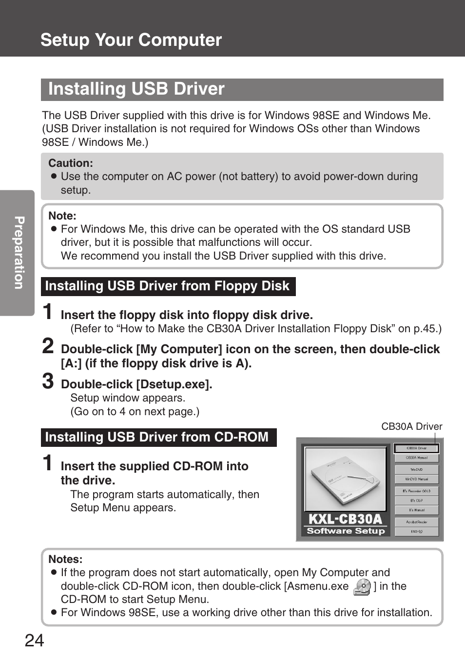 Installing usb driver, Installing usb driver from floppy disk, Installing usb driver from cd-rom | Setup your computer installing usb driver | Panasonic KXL-CB30AU User Manual | Page 24 / 75