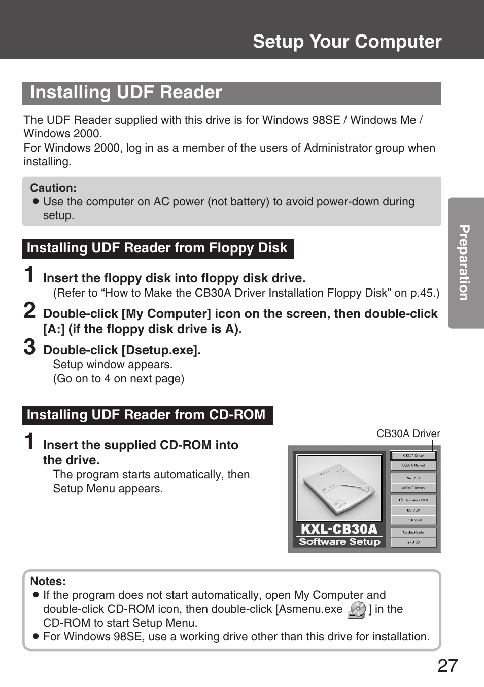 Installing udf reader, Installing udf reader from floppy disk, Installing udf reader from cd-rom | Setup your computer installing udf reader | Panasonic KXL-CB30AU User Manual | Page 27 / 75