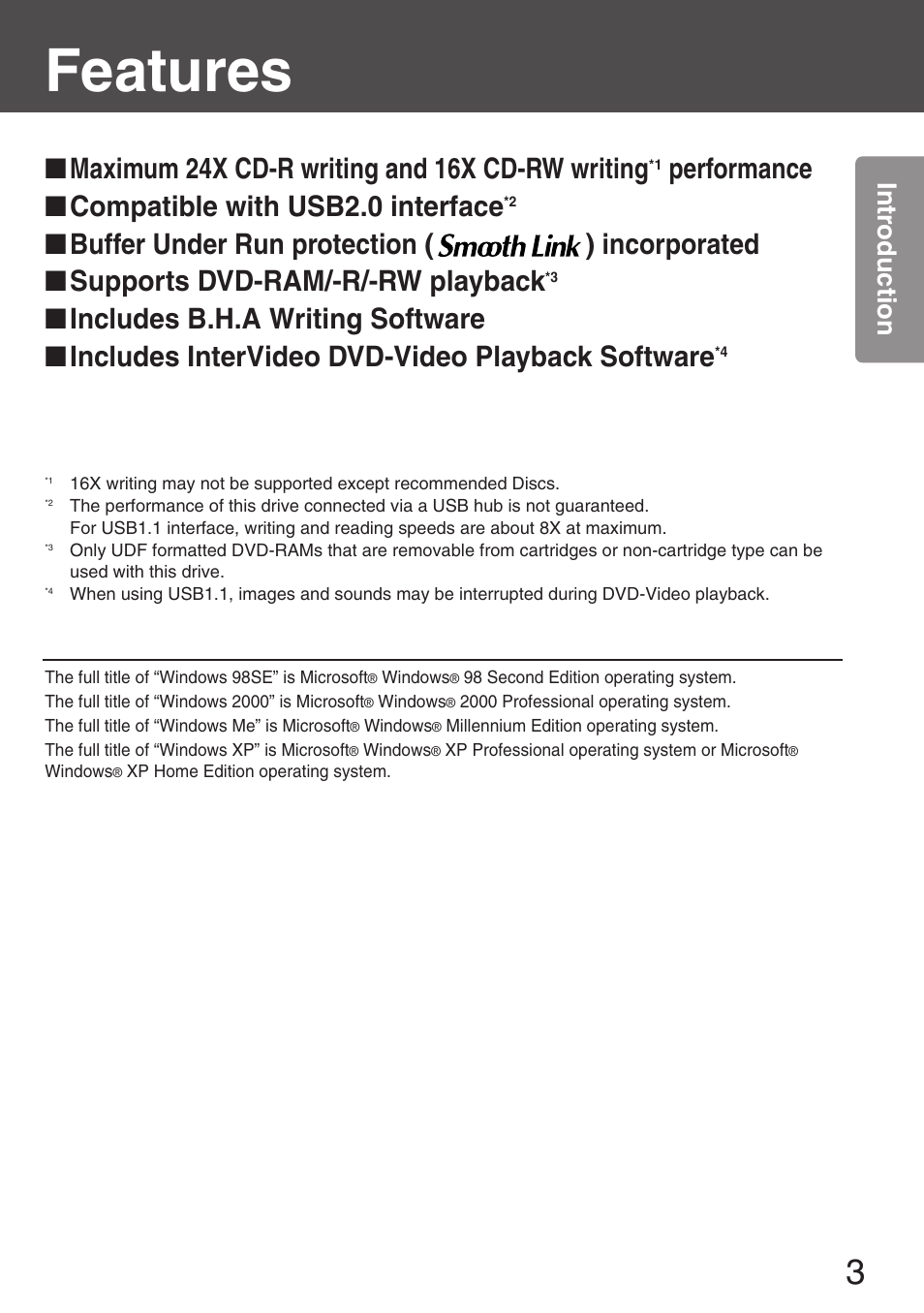 Features, Maximum 24x cd-r writing and 16x cd-rw writing, Performance ■ compatible with usb2.0 interface | Intr oduction | Panasonic KXL-CB30AU User Manual | Page 3 / 75