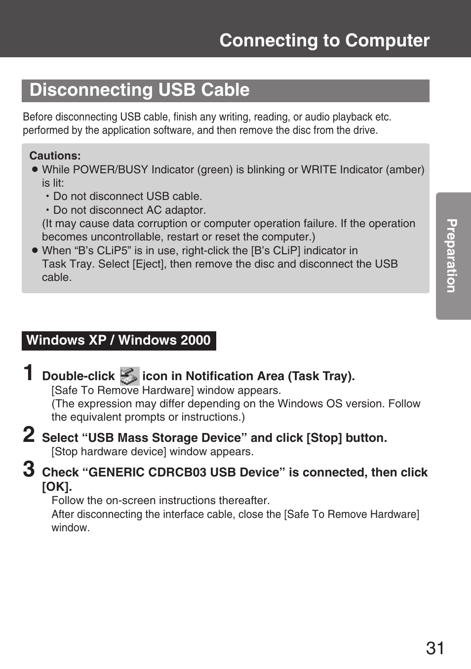 Disconnecting usb cable, Connecting to computer disconnecting usb cable | Panasonic KXL-CB30AU User Manual | Page 31 / 75