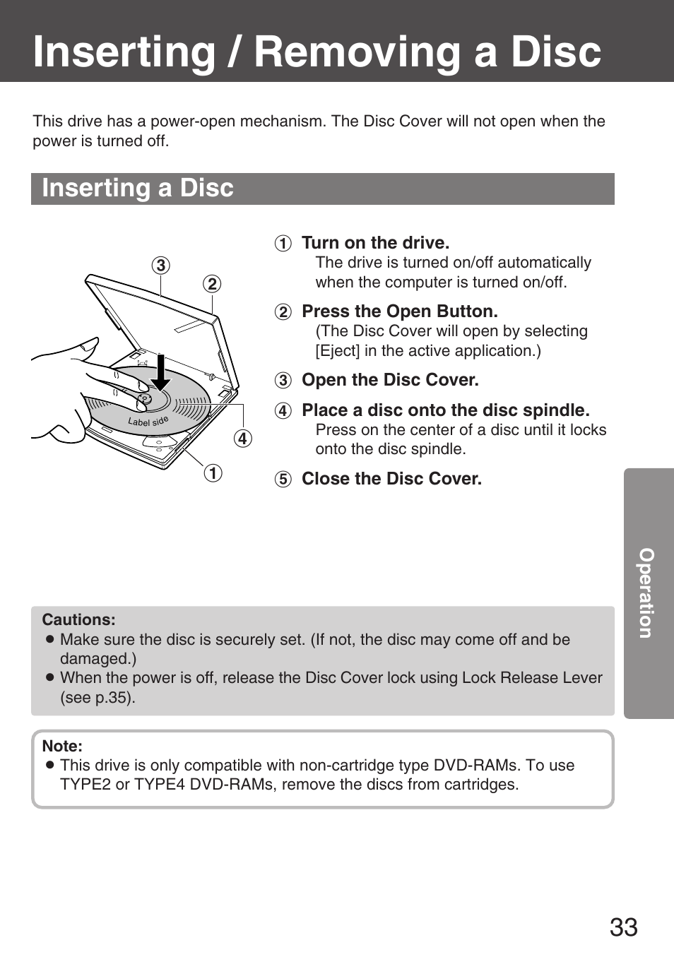 Operation, Inserting / removing a disc, Inserting a disc | Panasonic KXL-CB30AU User Manual | Page 33 / 75