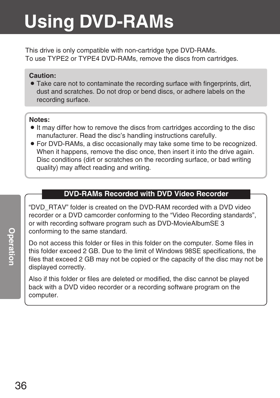 Using dvd-rams | Panasonic KXL-CB30AU User Manual | Page 36 / 75