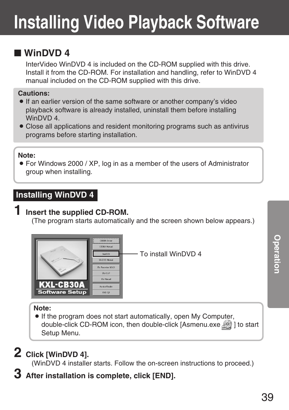 Installing video playback software, Installing windvd 4 | Panasonic KXL-CB30AU User Manual | Page 39 / 75