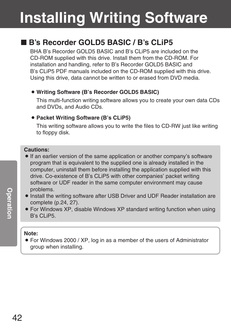 Installing writing software, B’s recorder gold5 basic / b’s clip5 | Panasonic KXL-CB30AU User Manual | Page 42 / 75