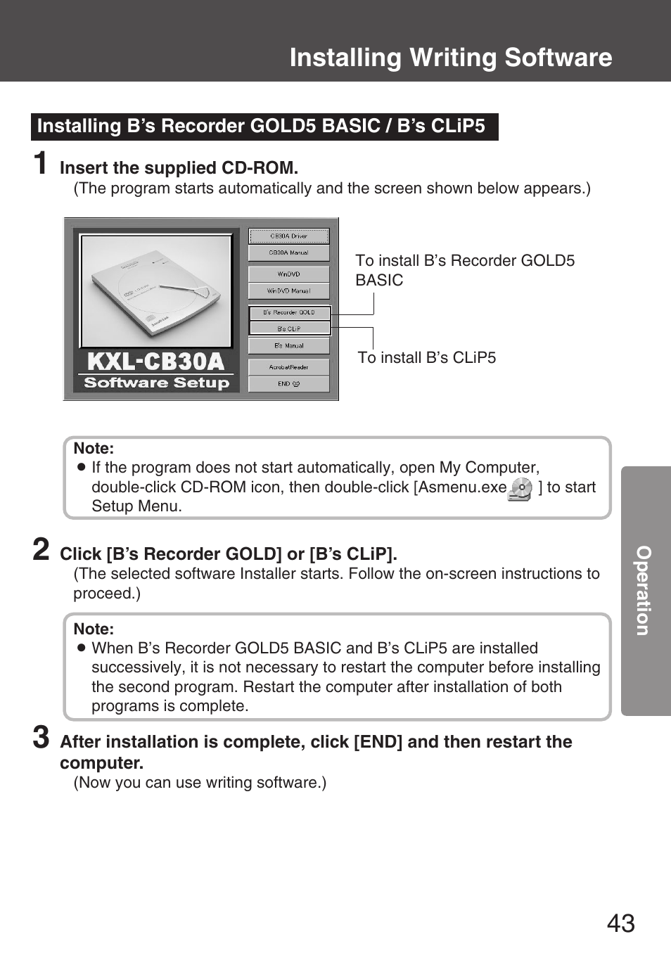 Installing b’s recorder gold5 basic / b’s clip5, Installing writing software | Panasonic KXL-CB30AU User Manual | Page 43 / 75