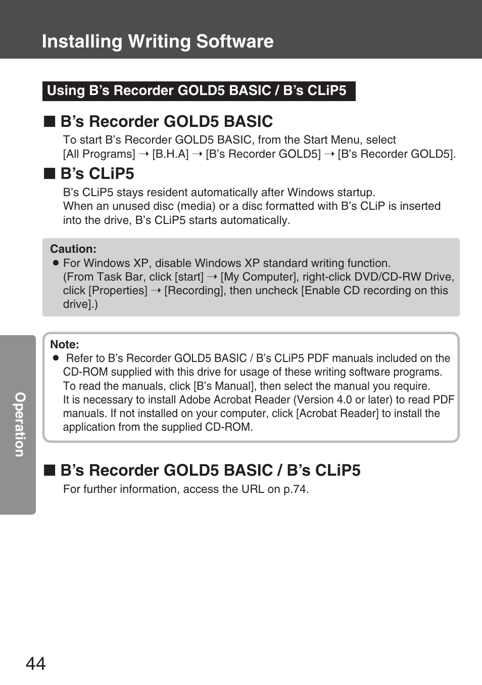 Using b’s recorder gold5 basic / b’s clip5, Installing writing software, B’s recorder gold5 basic / b’s clip5 | B’s recorder gold5 basic, B’s clip5 | Panasonic KXL-CB30AU User Manual | Page 44 / 75