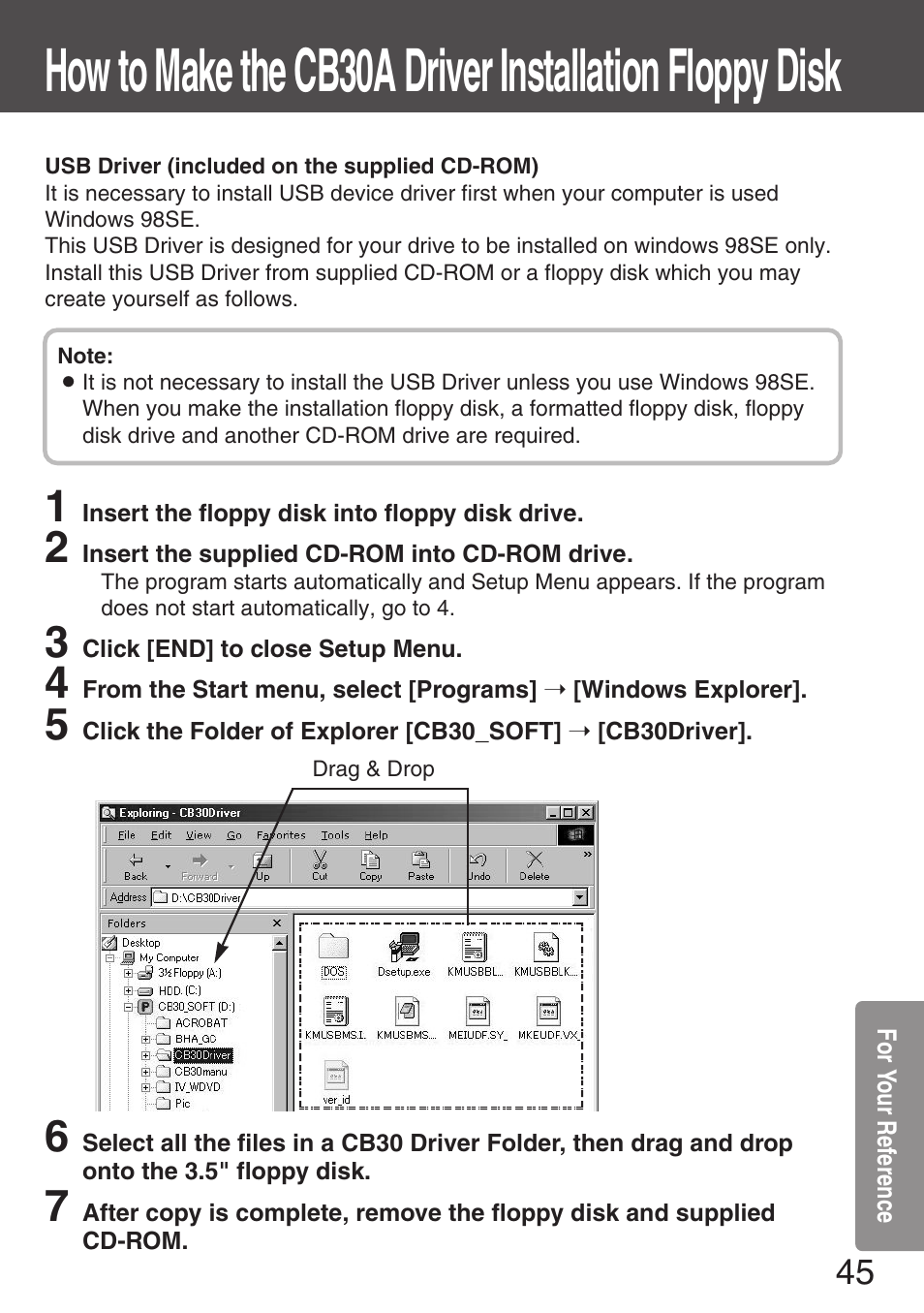 For your reference, For yo ur ref erence, Insert the floppy disk into floppy disk drive | Insert the supplied cd-rom into cd-rom drive, Click [end] to close setup menu, Drag & drop | Panasonic KXL-CB30AU User Manual | Page 45 / 75