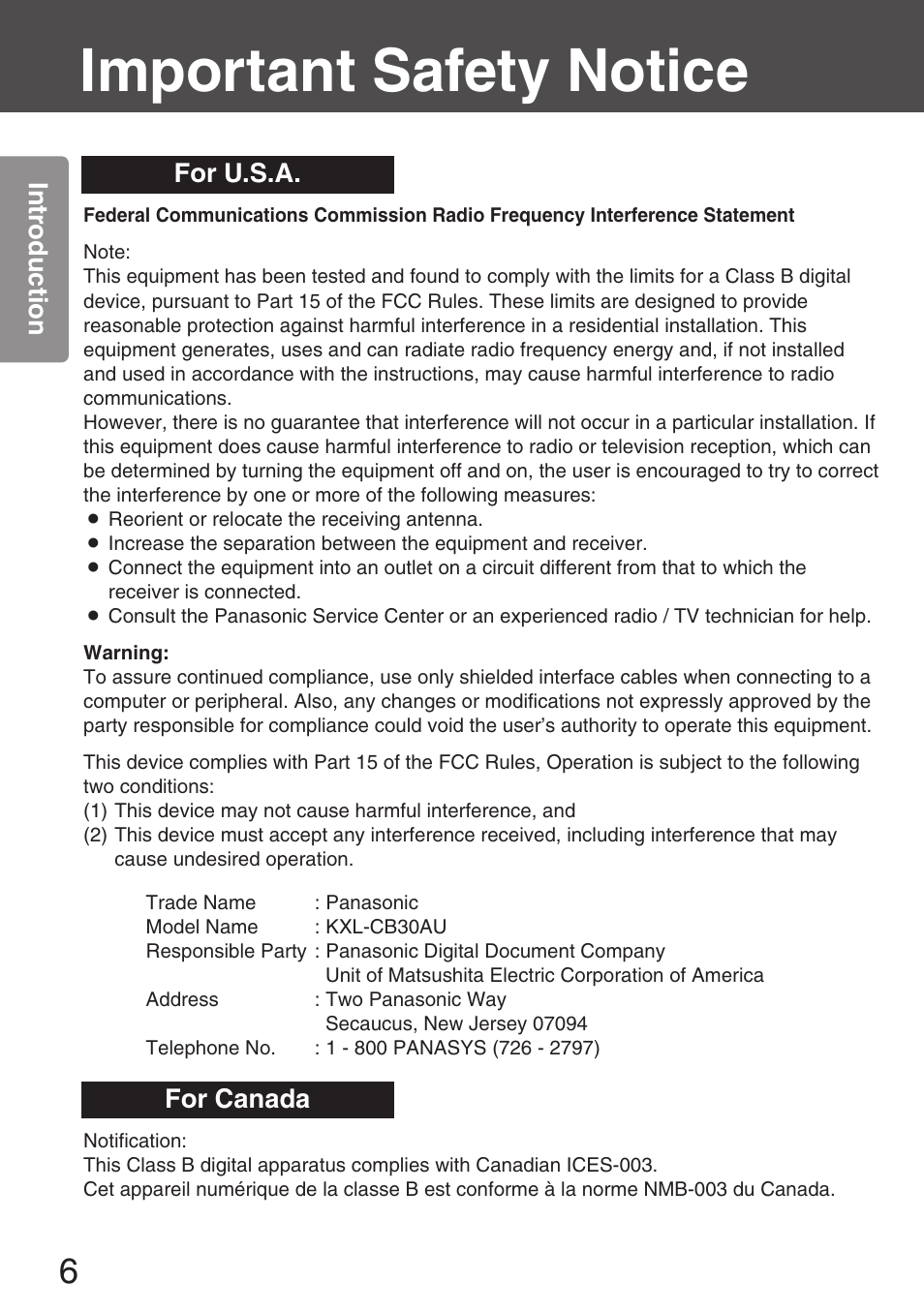 Important safety notice, Intr oduction, For u.s.a | For canada | Panasonic KXL-CB30AU User Manual | Page 6 / 75