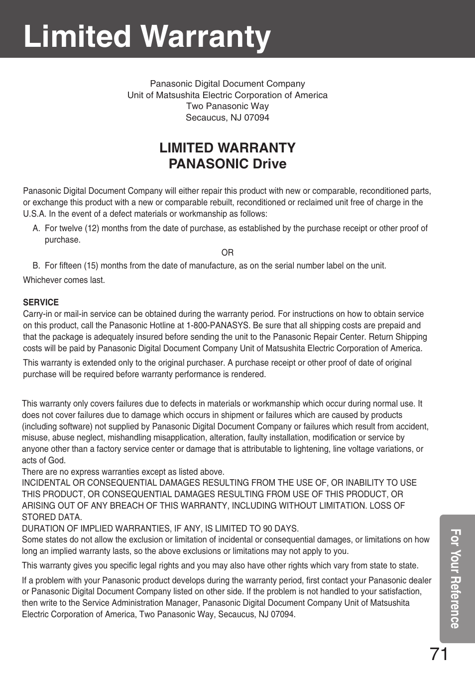 Limited warranty, For yo ur ref erence, Limited warranty panasonic drive | Panasonic KXL-CB30AU User Manual | Page 71 / 75