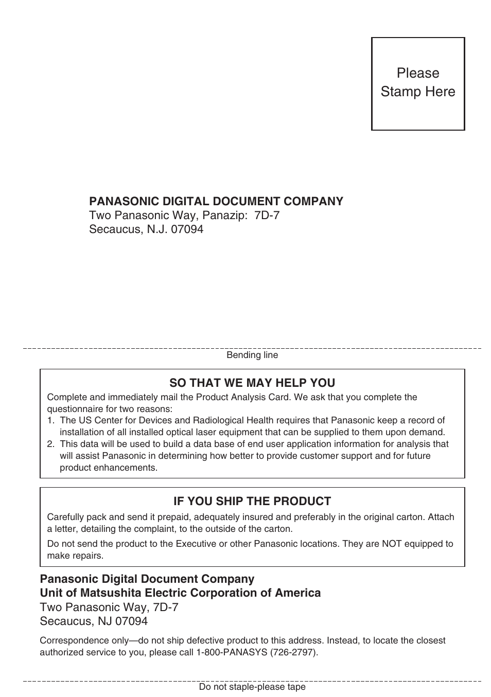 Please stamp here | Panasonic KXL-CB30AU User Manual | Page 72 / 75