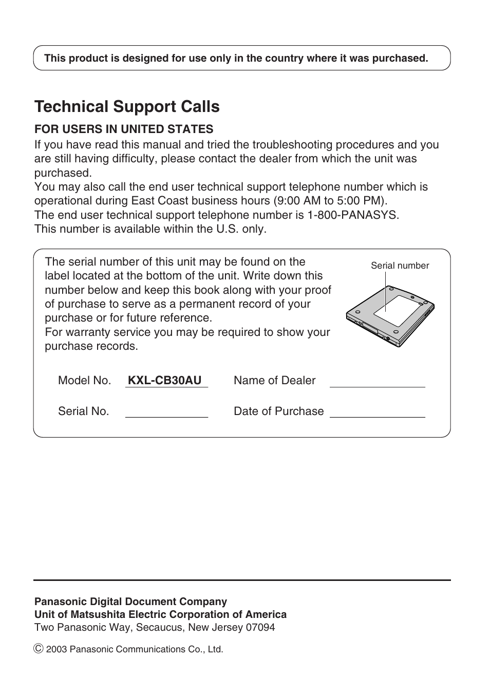 Technical support calls | Panasonic KXL-CB30AU User Manual | Page 75 / 75