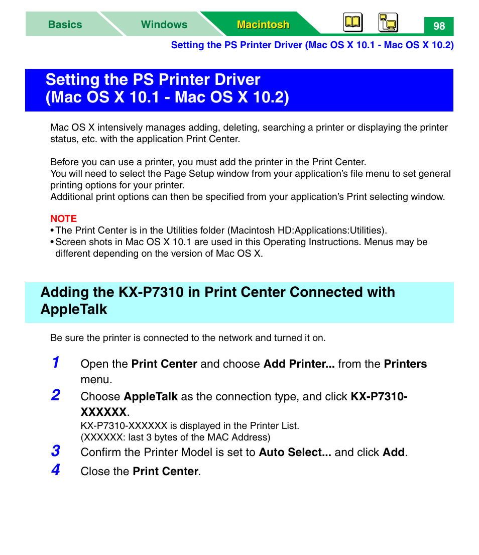 Setting the ps printer driver, Mac os x 10.1 - mac os x 10.2) | Panasonic KX-P7305 User Manual | Page 103 / 277