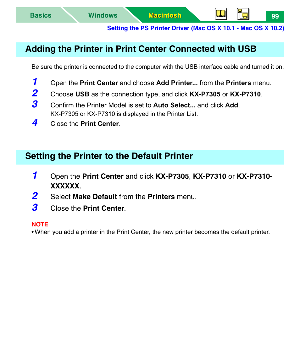 Setting the printer to the default printer | Panasonic KX-P7305 User Manual | Page 104 / 277