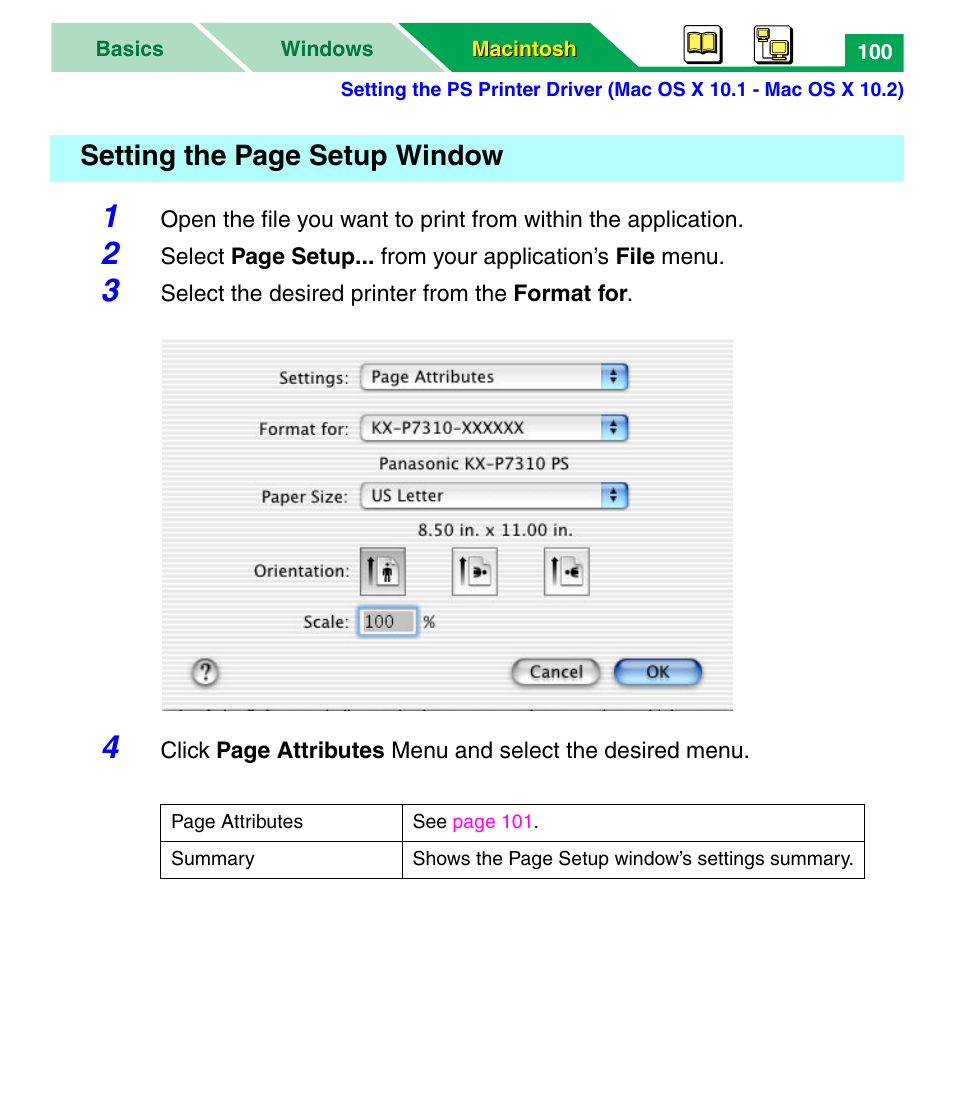 Setting the page setup window | Panasonic KX-P7305 User Manual | Page 105 / 277