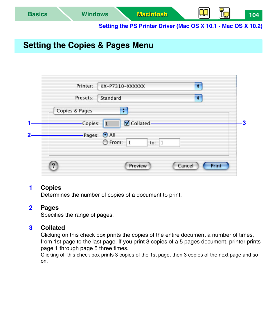 Settings, Setting the copies & pages menu | Panasonic KX-P7305 User Manual | Page 109 / 277