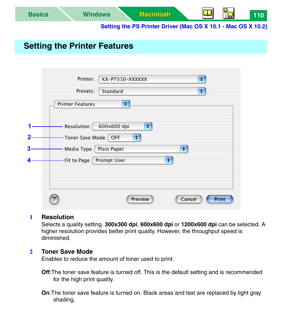 Setting the printer features, Setting the | Panasonic KX-P7305 User Manual | Page 115 / 277