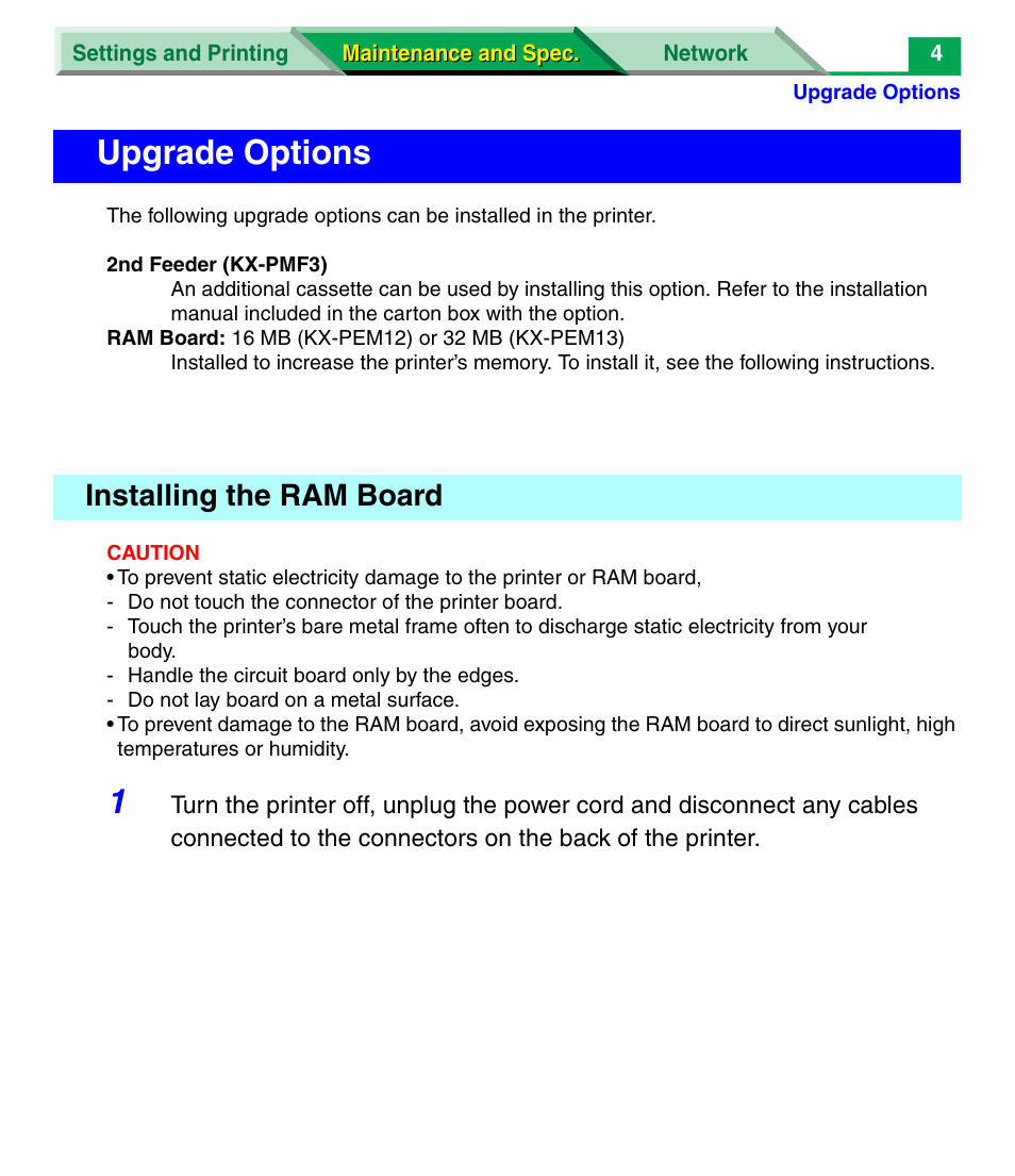 Upgrade options, Installing the ram board | Panasonic KX-P7305 User Manual | Page 126 / 277