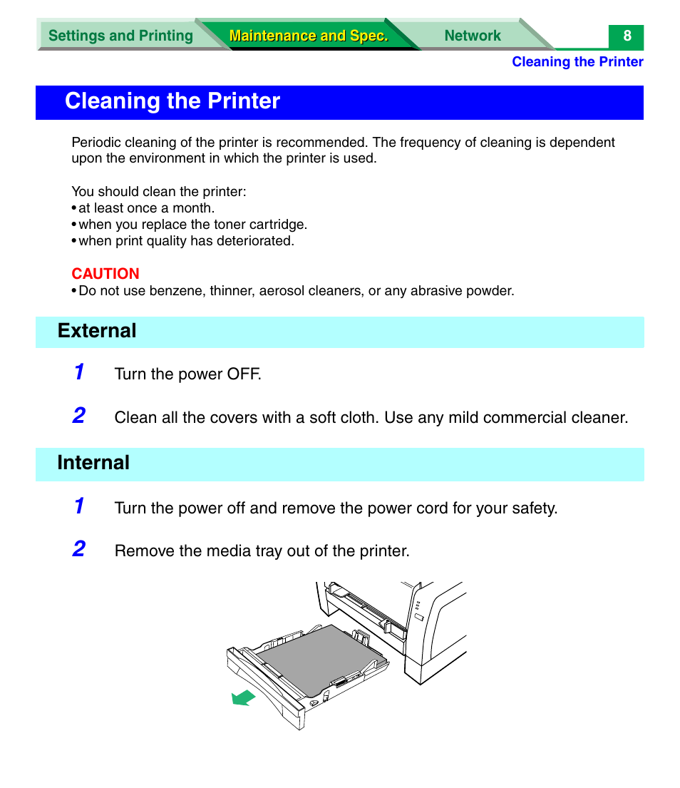 Cleaning the printer, External, Internal | External internal | Panasonic KX-P7305 User Manual | Page 130 / 277