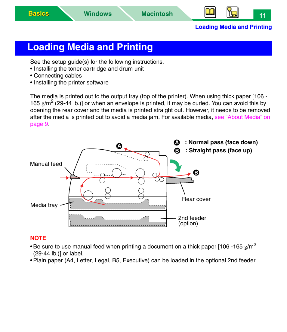 Loading media and printing, S 11 | Panasonic KX-P7305 User Manual | Page 16 / 277