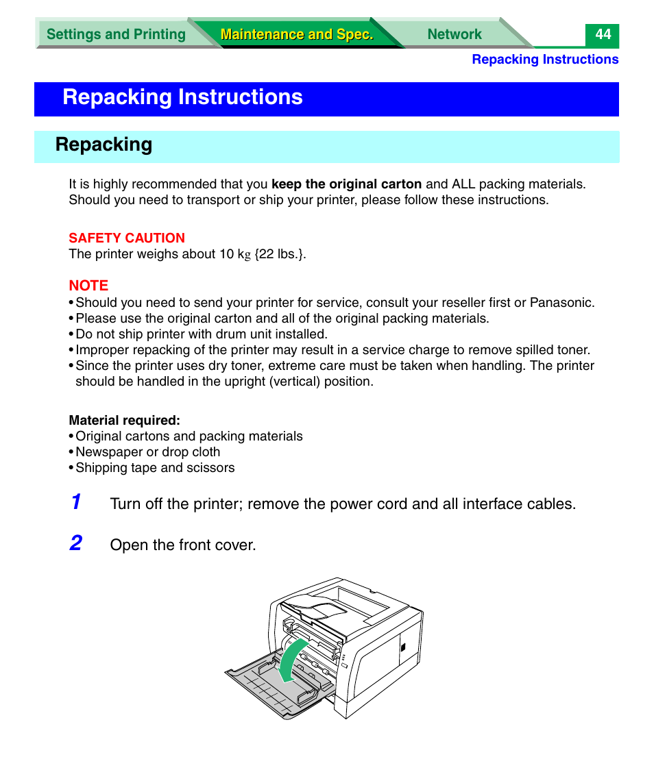Repacking instructions, Repacking | Panasonic KX-P7305 User Manual | Page 166 / 277