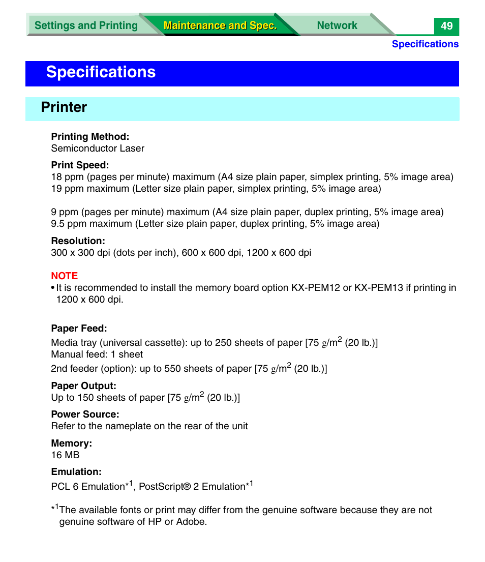 Specifications, Printer, Vironment | Panasonic KX-P7305 User Manual | Page 171 / 277