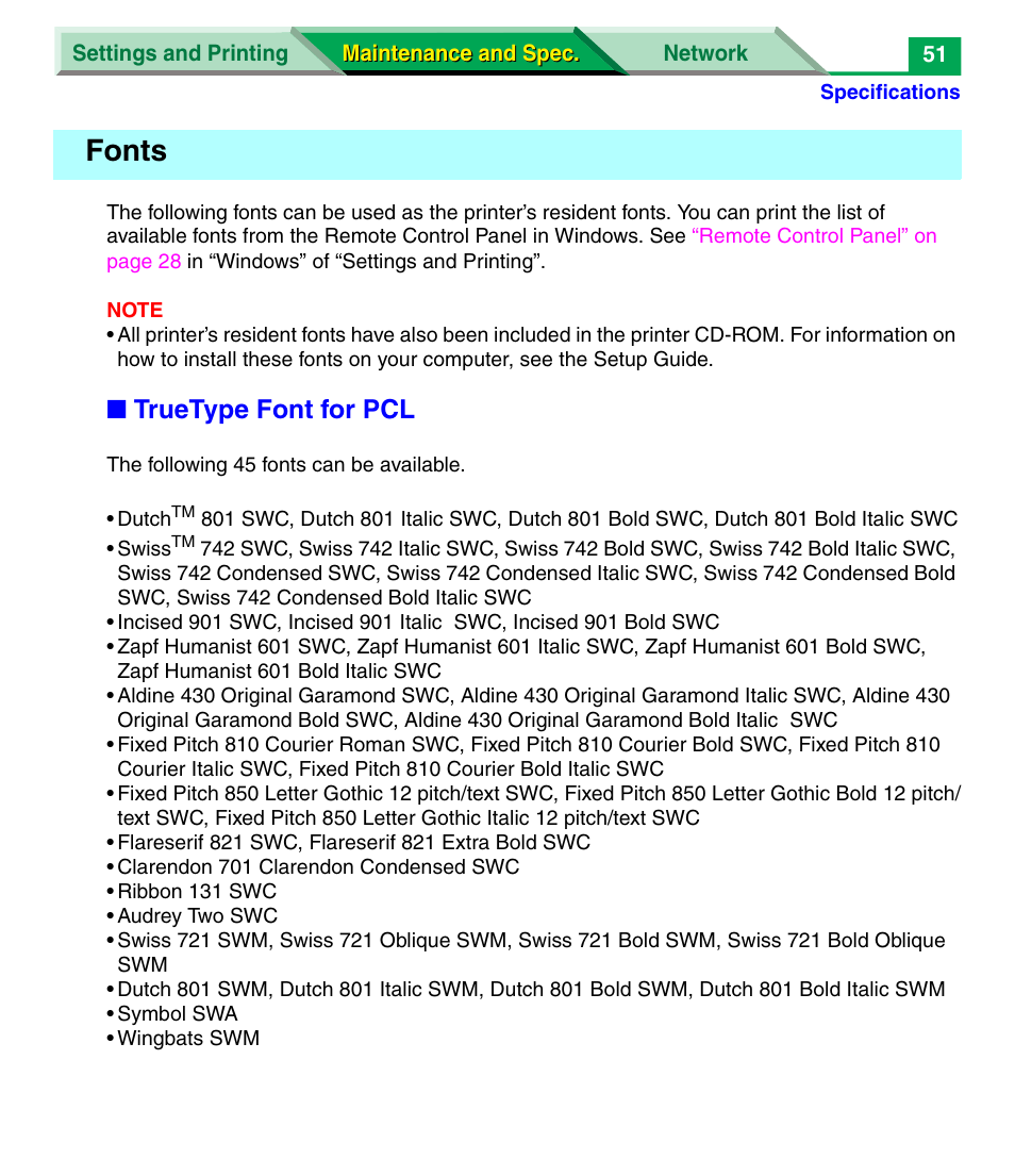 Fonts, Truetype font for pcl | Panasonic KX-P7305 User Manual | Page 173 / 277