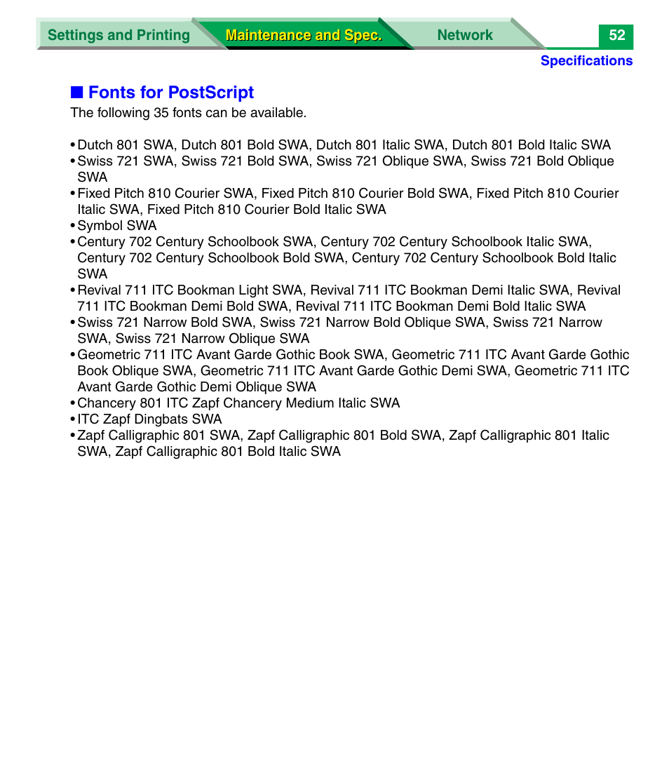 Fonts for postscript | Panasonic KX-P7305 User Manual | Page 174 / 277