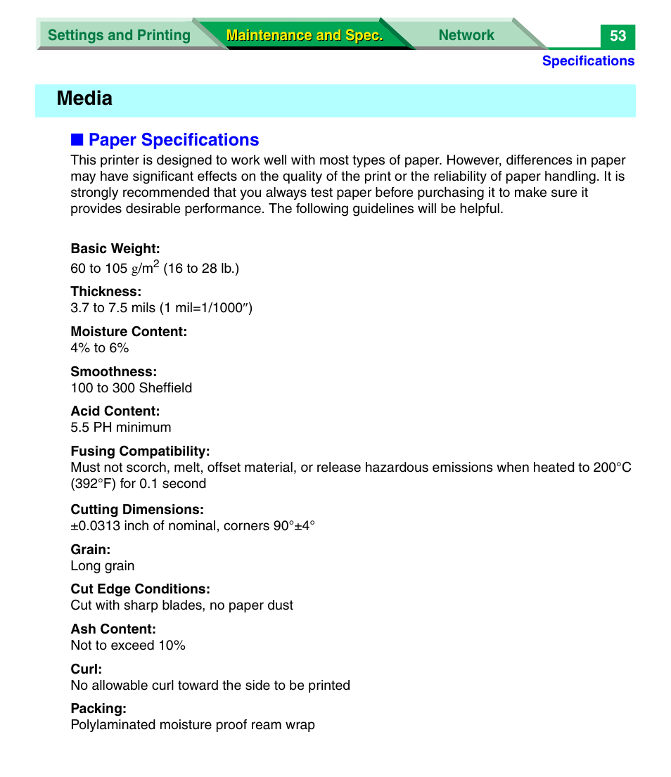 Media, Arencies, Paper specifications | Panasonic KX-P7305 User Manual | Page 175 / 277