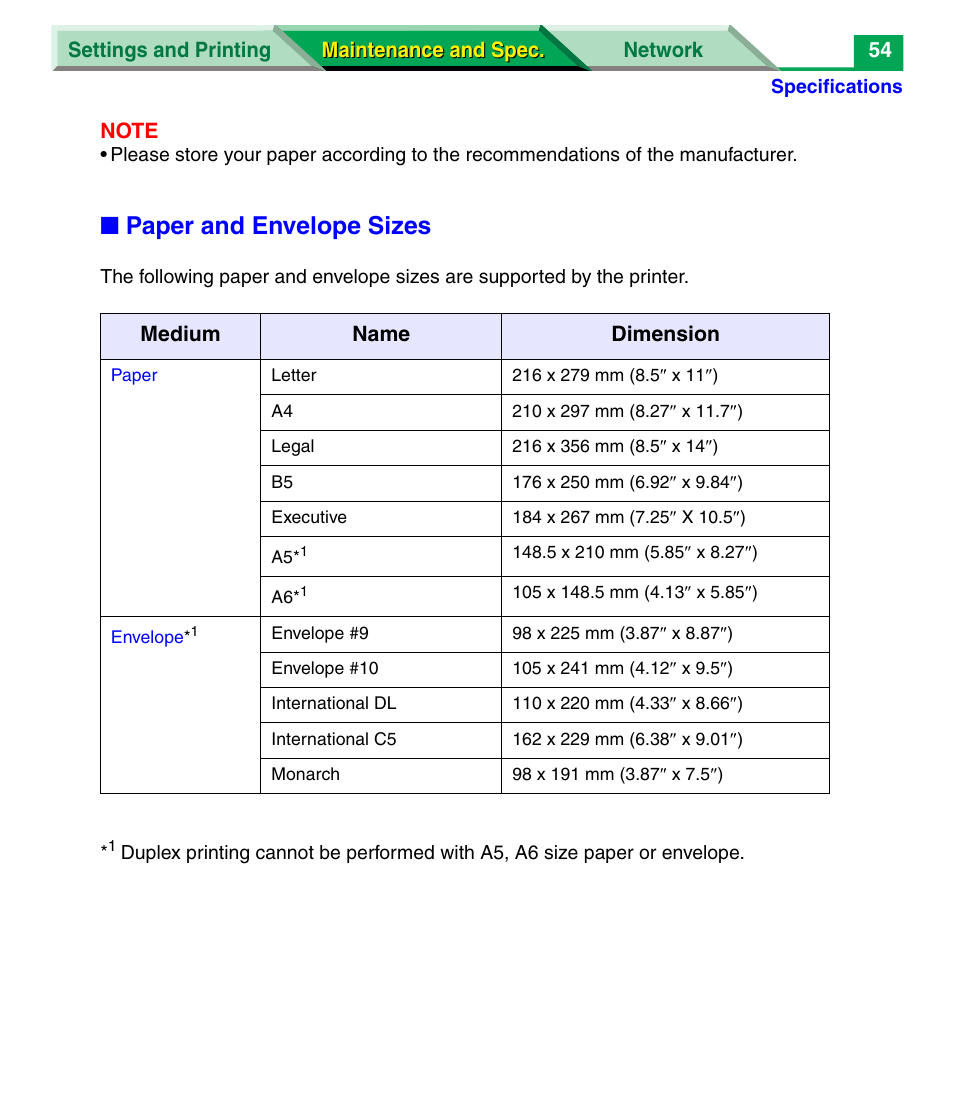 Paper and envelope sizes | Panasonic KX-P7305 User Manual | Page 176 / 277