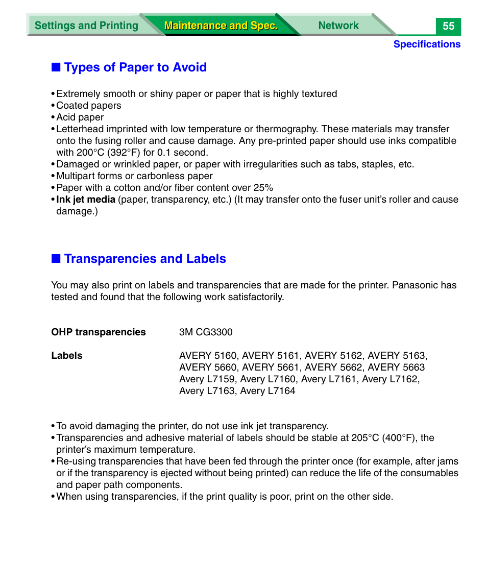 Types of paper to avoid, Transparencies and labels | Panasonic KX-P7305 User Manual | Page 177 / 277