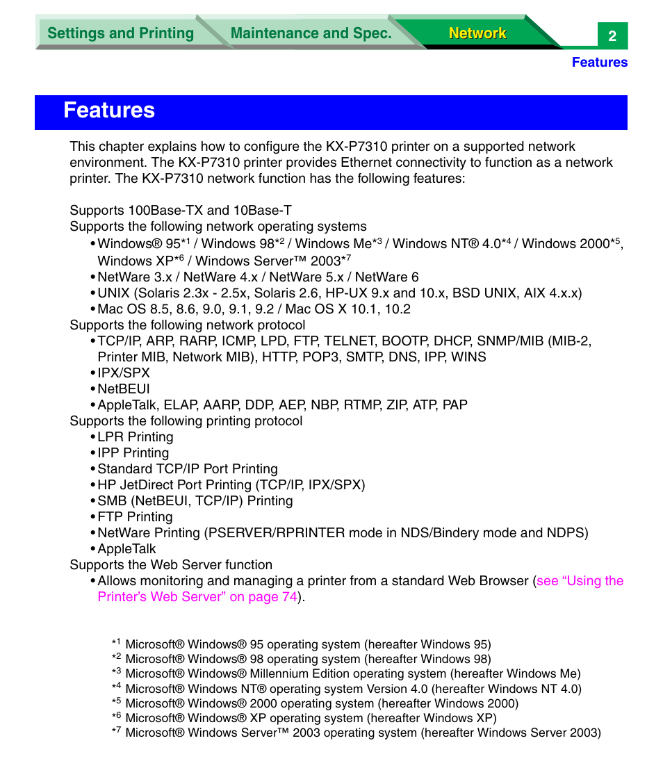 Features | Panasonic KX-P7305 User Manual | Page 185 / 277