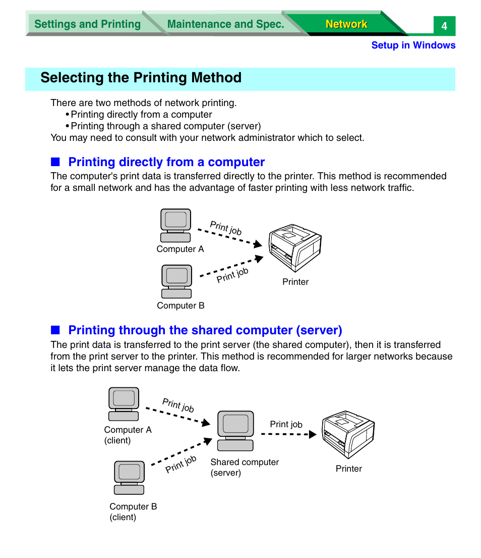 Selecting the printing method, R to, Printing through the | Or se, Printing directly from a computer, Printing through the shared computer (server) | Panasonic KX-P7305 User Manual | Page 187 / 277