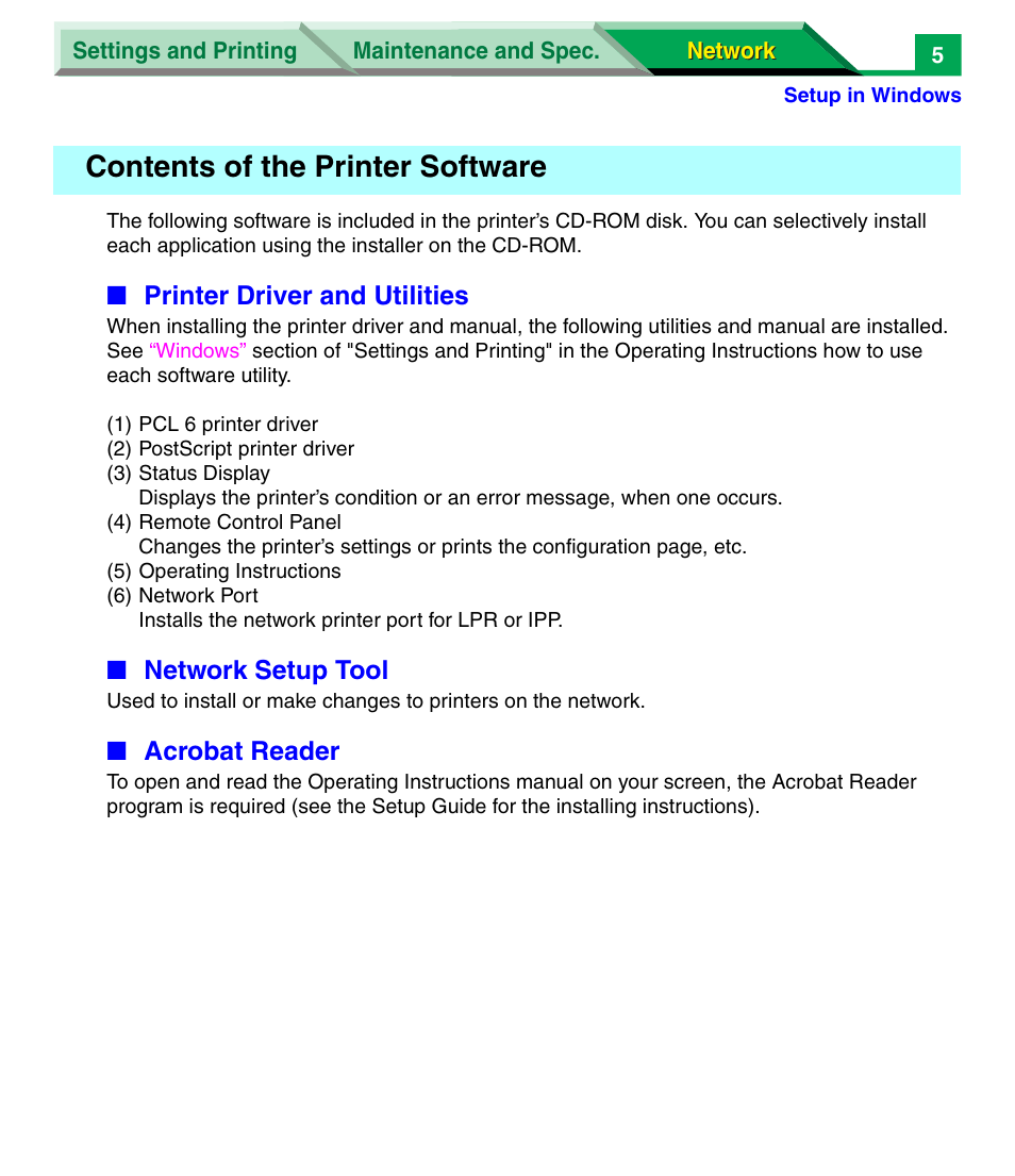 Contents of the printer software | Panasonic KX-P7305 User Manual | Page 188 / 277