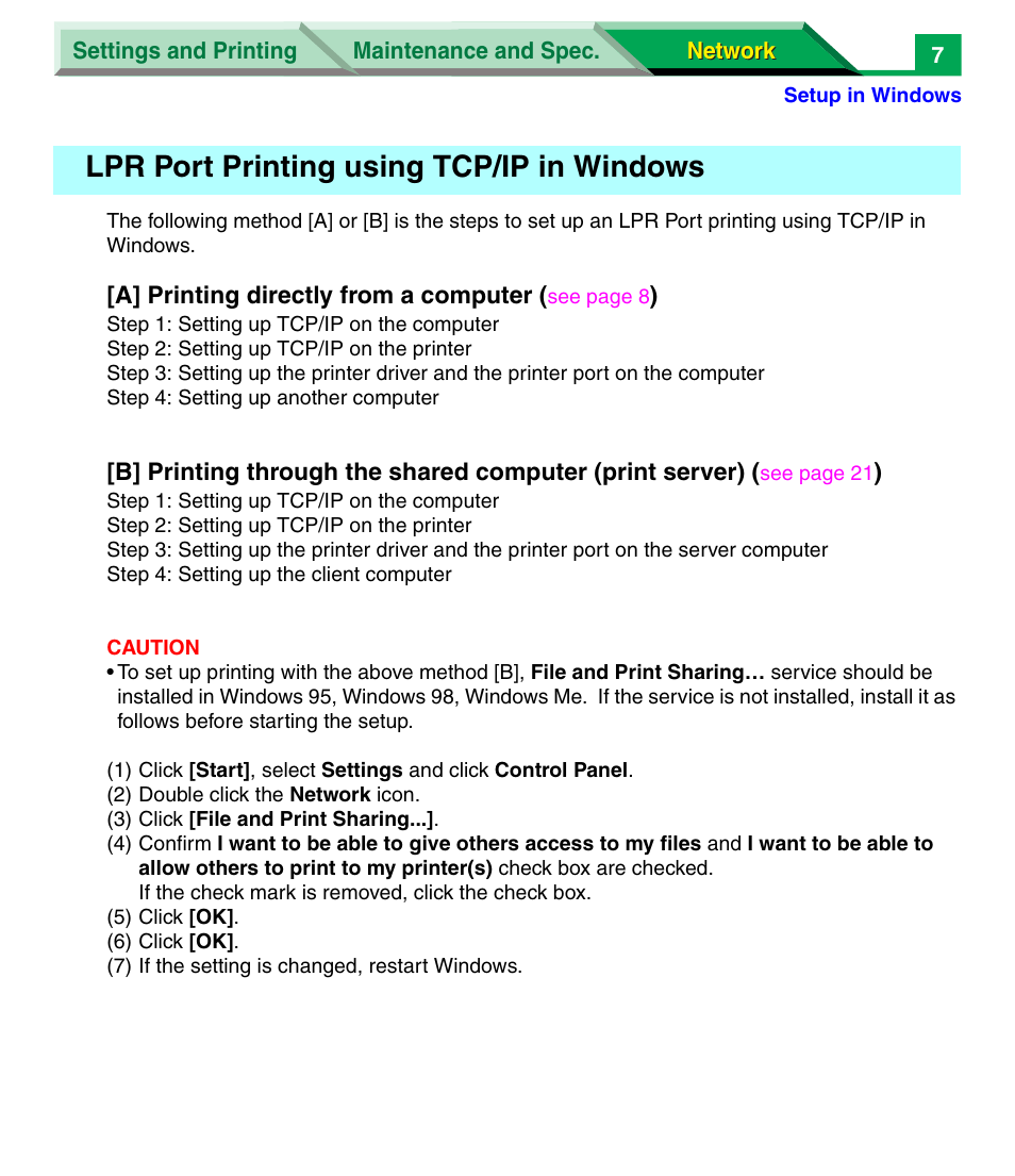 Lpr port printing using tcp/ip in windows | Panasonic KX-P7305 User Manual | Page 190 / 277