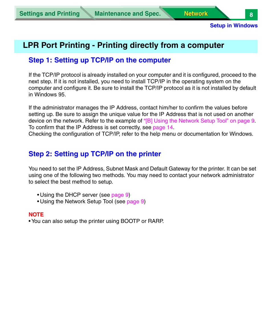 Step 1: setting up tcp/ip on the computer, Step 2: setting up tcp/ip on the printer | Panasonic KX-P7305 User Manual | Page 191 / 277