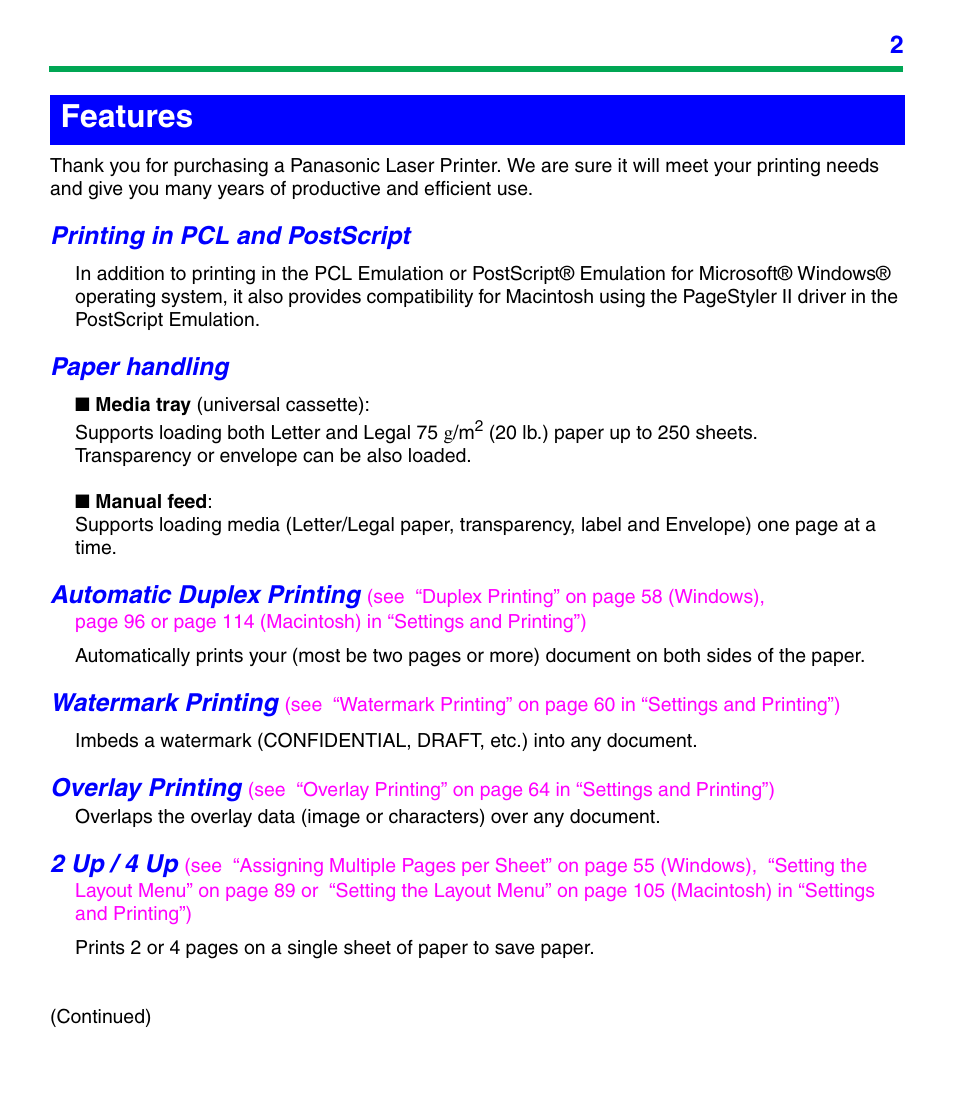 Features | Panasonic KX-P7305 User Manual | Page 2 / 277